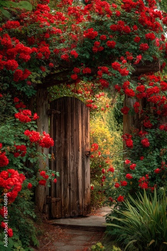 Beautiful Garden Entrance Adorned With Vibrant Red Flowers and a Rustic Woode...