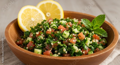 Bowl of Tabbouleh Salad with Lemon Wedge