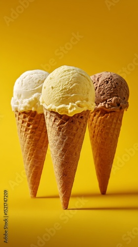 Three Colorful Ice Cream Cones Displayed Against a Bright Yellow Background.