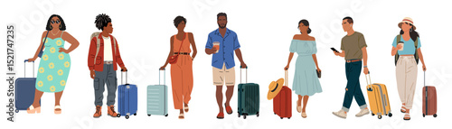 Diverse group of modern travelers with luggage. Stylish men, women walking with suitcases, ready for vacation, airport departure. Flat hand drawn vector illustration isolated on Transparent background