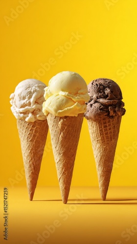 Three Colorful Ice Cream Cones Displayed Against a Bright Yellow Background