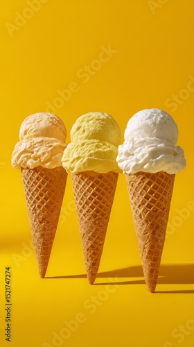 Three Colorful Ice Cream Cones Against a Bright Yellow Background