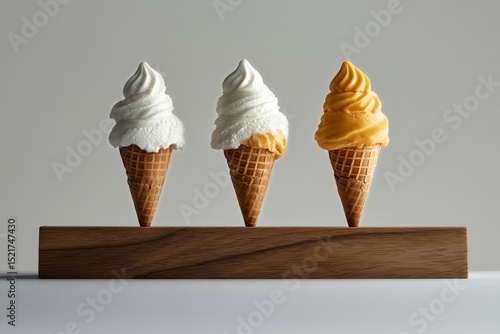 Three Colorful Ice Cream Cones Arranged on a Wooden Base for a Delightful Des...