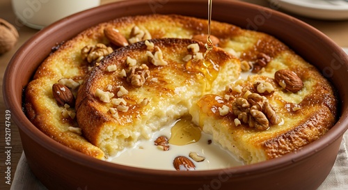 Sweet Fried Bread Pudding with Milk and Nuts