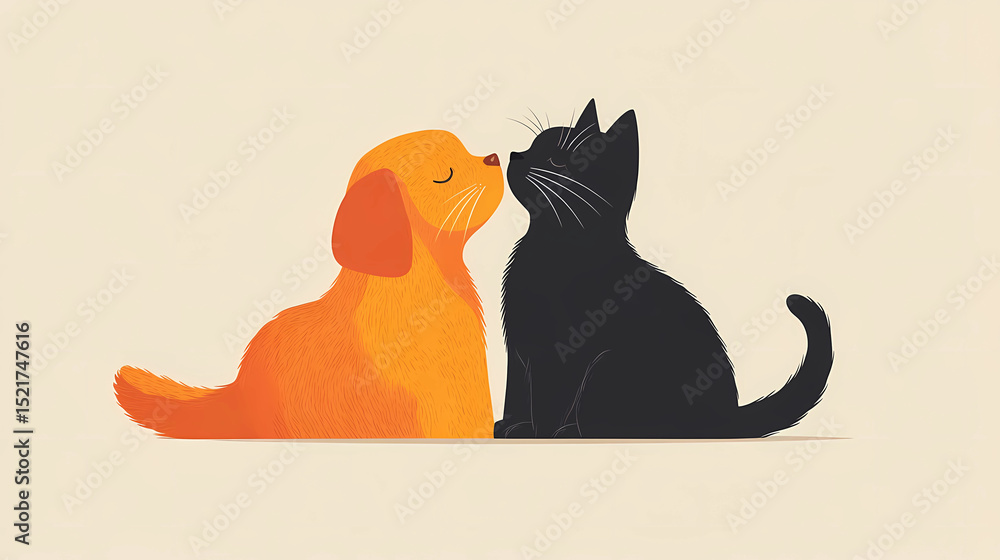 Fototapeta premium Heartwarming minimalist illustration of a cat and dog kissing, featuring clean lines and ample blank space. This simple yet adorable design is perfect for pet-related products, Valentine's Day