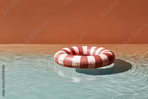 Bright Striped Pool Float Gently Drifting in Clear Blue Water Against a Warm ...