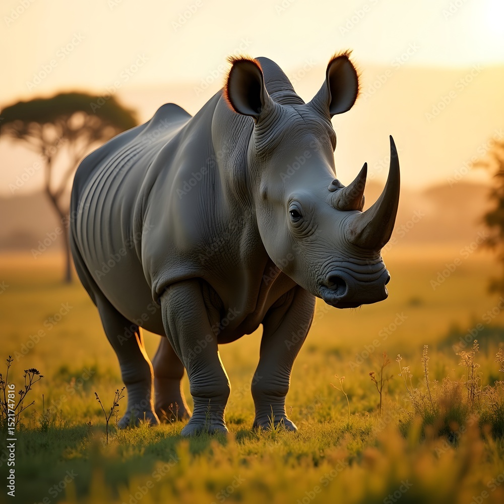 Fototapeta premium African white rhinoceros in soft sunset high resolution picture