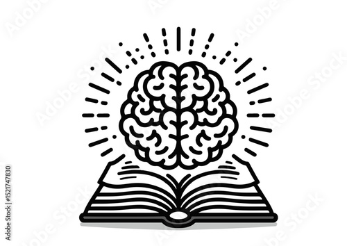 Brain above open book icon in black and white with rays