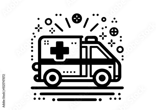Ambulance icon in black and white with emergency symbols