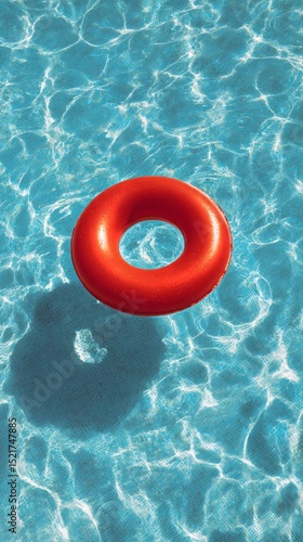 Red Float Ring Surrounded by Shimmering Blue Water in a Summer Pool Setting.