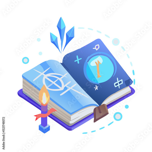 Fantasy book icon with glowing runes floating pages