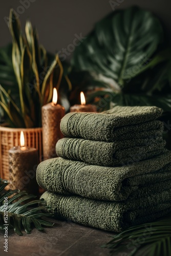 Relaxing Spa Setup With Towels, Candles, and Plants for Tranquility and Rejuv...