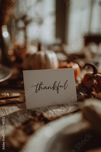 Table setting with thankful card and autumn decorations for fall gathering