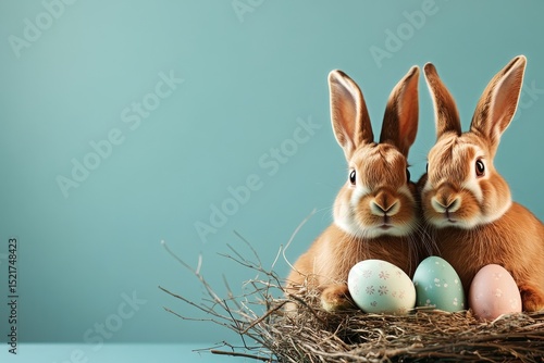 Cute Rabbits Sitting in a Nest With Colorful Easter Eggs During Spring Celebr...