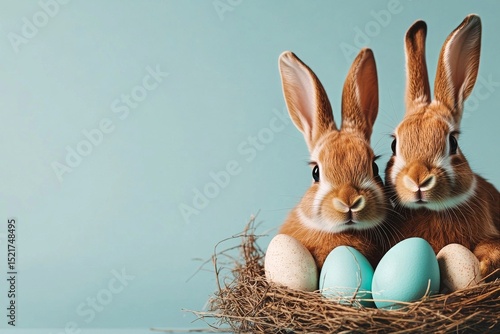 Cute Rabbits Resting in a Nest With Colored Eggs During Spring Celebrations.