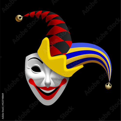 White smiling Joker mask and multicolored fool's cap with bells isolated on black. Vector illustration in 3d style