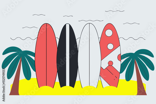 Surfboards lined up on beach with palm trees and sun in background  