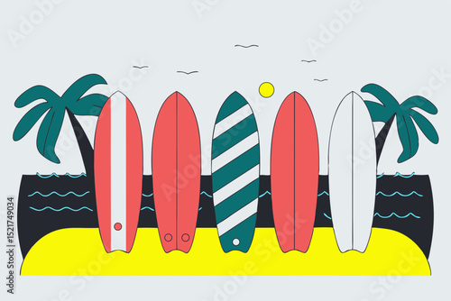 Surfboards lined up on beach with palm trees and sun in background  