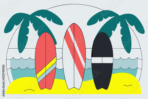 Surfboards lined up on beach with palm trees and sun in background  