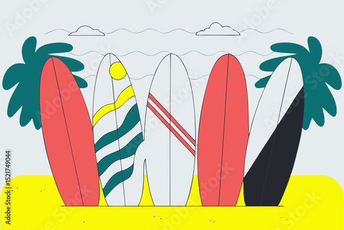 Surfboards lined up on beach with palm trees and sun in background  