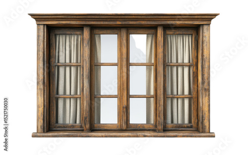 Window with wooden frames and curtains