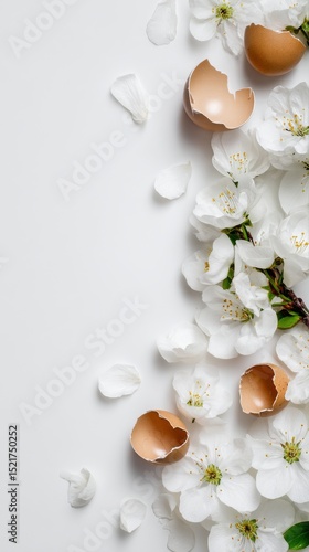 Delicate White Flowers and Broken Eggshells Arranged on a Light Surface for a...