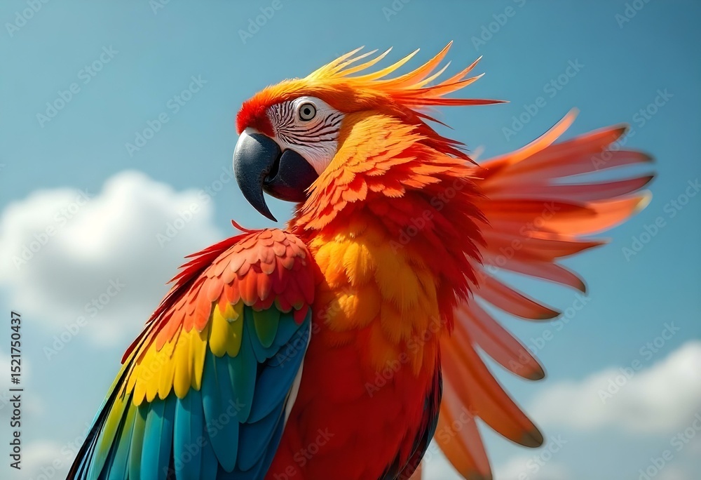 Fototapeta premium Vibrant Scarlet Macaw with Outstretched Wings Against a Clear Blue Sky
