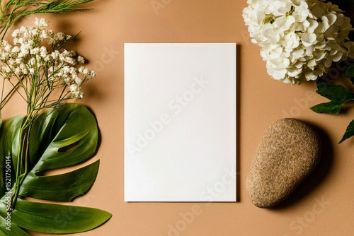 Natural Elements Arranged Around a Blank Canvas on a Neutral Background for C...