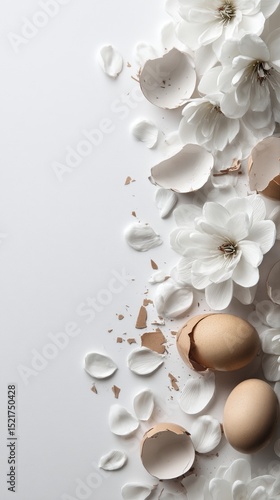 Delicate Spring Display Featuring Fresh Eggs and Blooming Flowers on a White ...