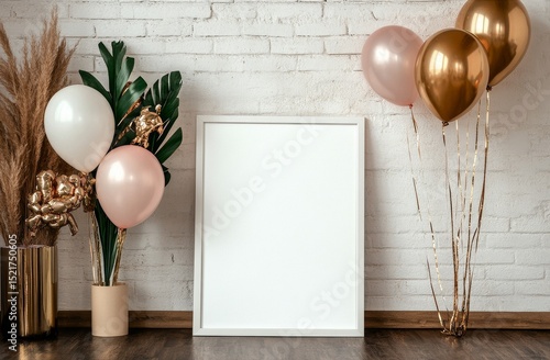 Stylish Decoration Setup With Balloons and Empty Frame Near a Textured White ...