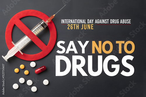 Say No To Drugs campaign poster for International Day Against Drug Abuse, June 26th, showing a syringe, pills, and a red prohibition sign generative ai