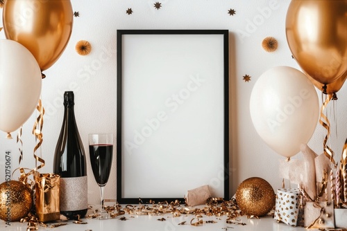 Stylish Decoration Setup With Balloons and Empty Frame Near a Textured White ...