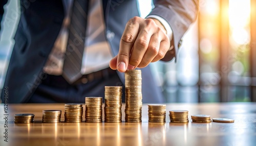A man in a suit carefully stacking a pile of coins on a desk