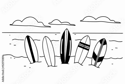 Surfboards standing in sand by the ocean with clouds in the background  