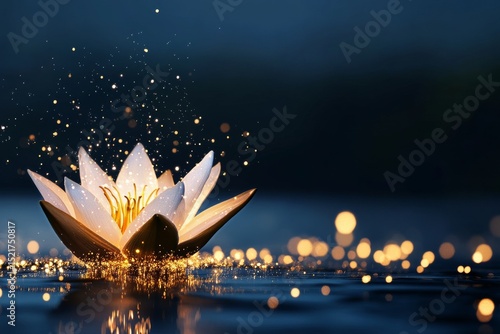 Glistening Water Lily Floating Serenely Atop Sparkling Water at Twilight.