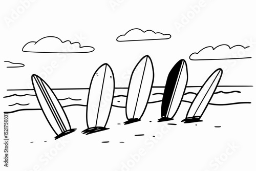 Surfboards standing in sand by the ocean with clouds in the background  