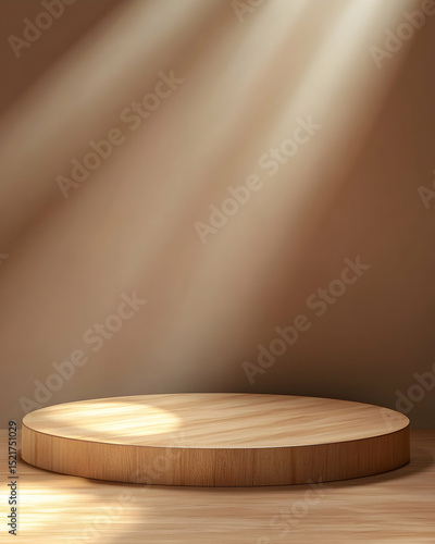 Wooden product podium stage with spotlight and brown studio background