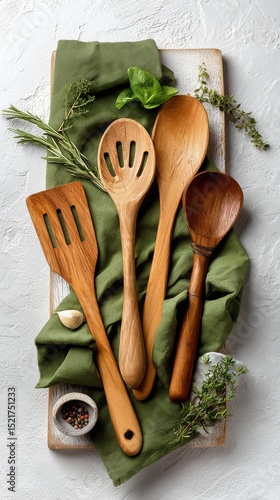Wooden Kitchen Utensils Arranged on a Textured Surface With Herbs and Fabric