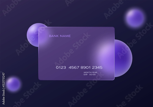Futuristic dark purple credit card with floating lavender spheres on smooth indigo gradient background, digital banking and fintech concept