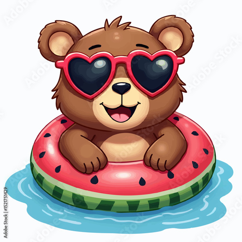 Vector fashion design for children t-shirt. 
Cute teddy bear in sunglasses 
with inflatable ring swims on wave
isolated on white background. 
Print for fabric, clothing for boy and girl.