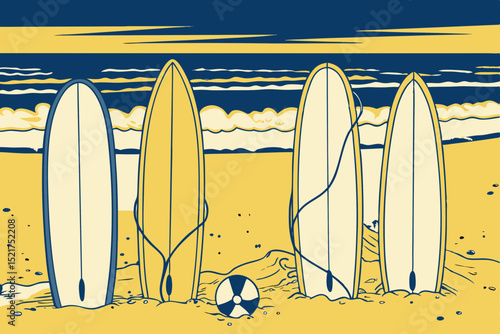 Four surfboards lined up on the beach with ocean in background  