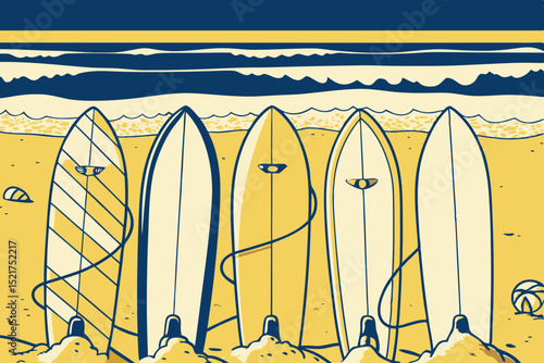 Four surfboards lined up on the beach with ocean in background  
