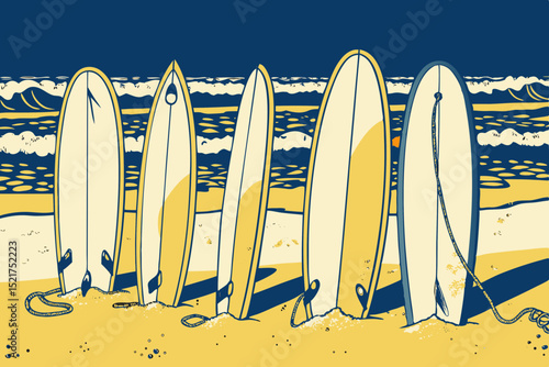 Four surfboards lined up on the beach with ocean in background  