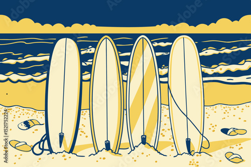 Four surfboards lined up on the beach with ocean in background  