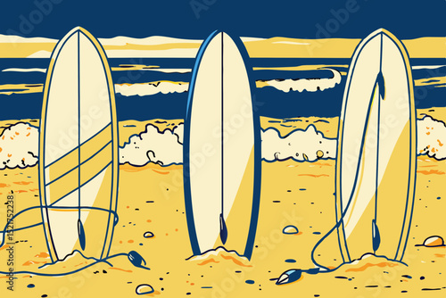 Four surfboards lined up on the beach with ocean in background  