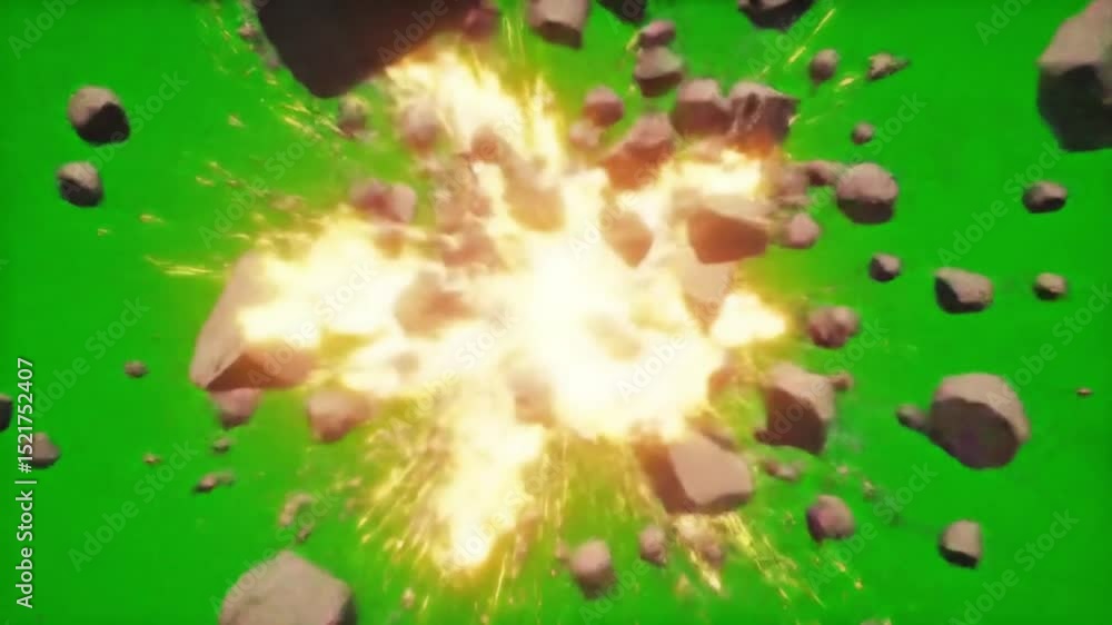 Blast with radial shockwave and debris flying outward on a green screen. Designed for destruction scenes, meteor strikes, or dynamic intro animations.	