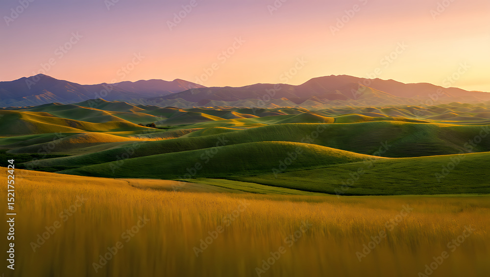 Obraz premium Dramatic mountain landscape at sunrise or sunset, featuring a panoramic view of misty hills and cloud-kissed peaks under a vibrant sky