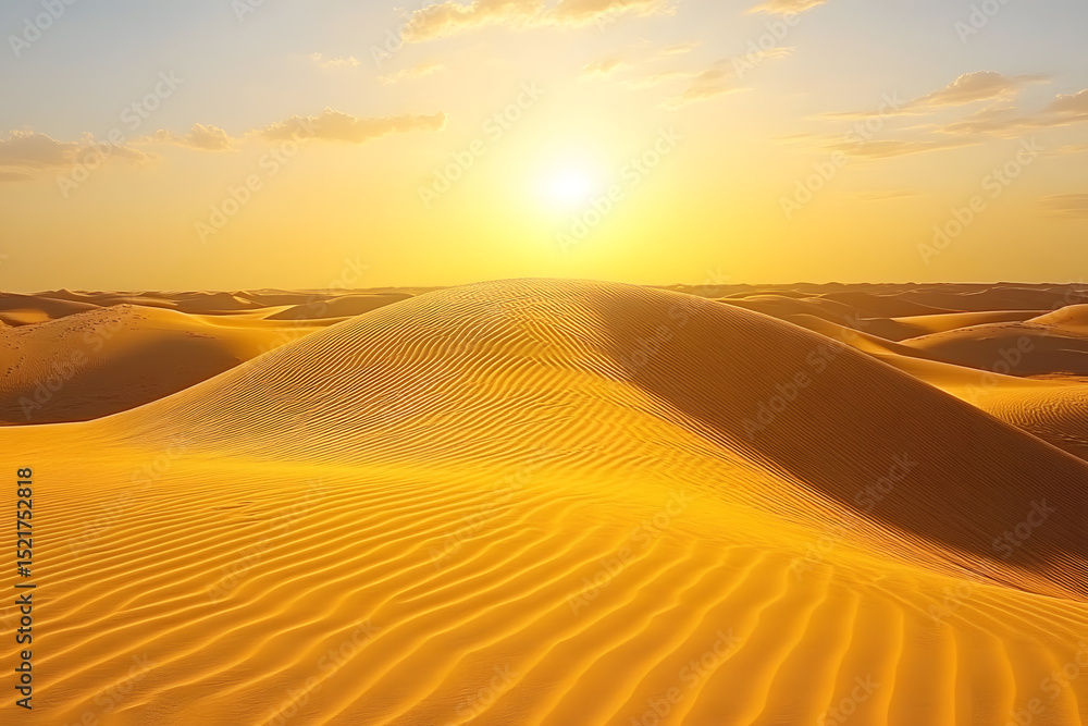 Naklejka premium Golden Desert Dunes at Sunset: A Serene Landscape of Sand and Light.