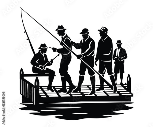 Silhouette vector illustration of a fisherman fishing in the sea, a sport icon of people having fun with a fishing rod