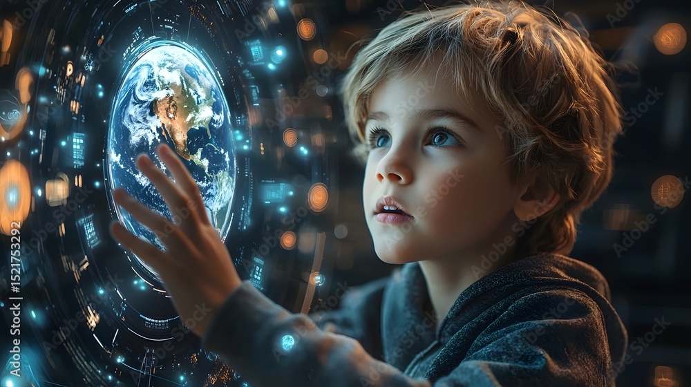 Naklejka premium A child exploring a holographic Earth in a futuristic classroom